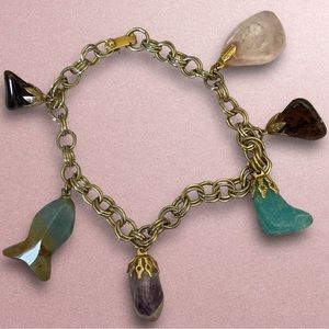 Monet Vintage Gold tone Multi gemstones Charms Bracelet Polished Stones